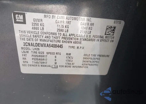 2010 Chevrolet Equinox Lt z USA, uszkodzony, nr VIN 2CNALDEWXA6408445